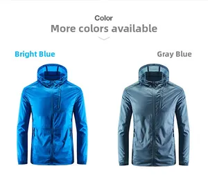 Detail view of thin breathable sun protection jackets in bright blue and blue-grey colors