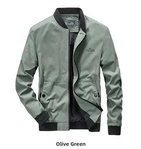 Detailed view of green bomber jacket featuring black ribbed collar and Youthful print