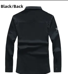 Detailed back view of a black long-sleeved casual shirt with a stylish embroidered sleeve patch