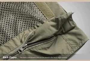 Detail of multi-pocket outdoor vest featuring detachable back panel and mesh lining