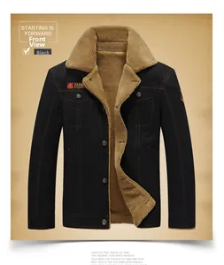 Detail of men's black winter jacket with warm khaki fleece lining and metallic buttons
