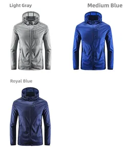Detailed view of men's thin sun protection jackets in light gray, blue and royal blue shades