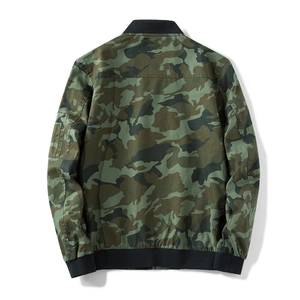 Back view of men's camouflage bomber jacket with ribbed cuffs and utility sleeve pocket