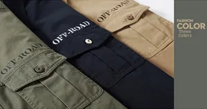 Detail of off-road cargo pockets in army green, navy, and khaki cotton twill