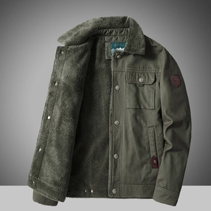 Men's winter fleece lined cotton jacket in olive green featuring warm shearling collar
