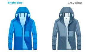 Detail view of ultra-thin breathable hooded sun protection jackets in blue and grey