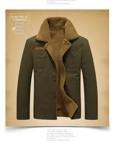 Detail view of army green men jacket with thick sherpa lining and outdoor patches
