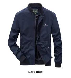 Detail of navy blue bomber jacket collar and youthful chest print on casual fabric