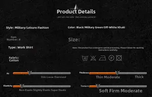 Detailed size chart and material specifications for a cotton long sleeve work shirt