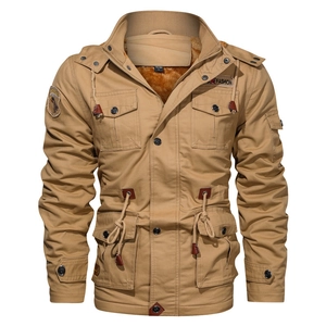 Khaki men's winter parka with detachable hood, fleece lining, and multi-pocket utility design