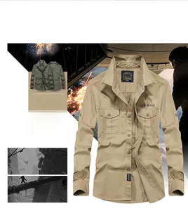 Detail of khaki cotton utility shirt with double chest pockets and outdoor label