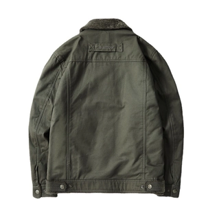 Army green military jacket for men with warm fur collar and fashion embroidery back view