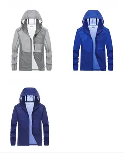 Detail of ultra-thin sun protection hoodies in gray, blue, and royal blue colors