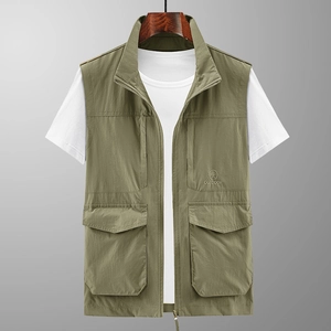 Army green multi-pocket outdoor vest with stand collar and durable nylon fabric