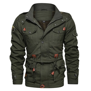 Army green men's fleece-lined cotton parka with detachable hood and waist drawstring