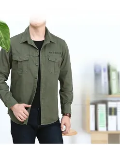 Detail showing the military green cotton utility shirt with OFF-ROAD pocket embroidery