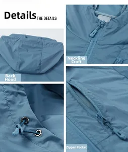 Detail view of mist blue sun protection jacket featuring hood drawstrings and zipper pockets