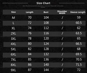 Detailed size chart for men's long sleeve shirts ranging from size M to 9XL in centimeters