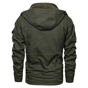 Men's heavy army green cotton jacket with detachable hood and fleece lining, back view