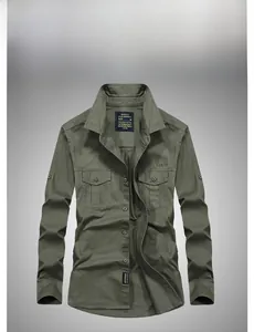 Close-up of military green work shirt featuring double chest pockets and embroidery