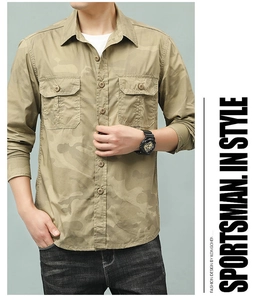 Détail d'une chemise camouflage kaki à manches longues avec poches poitrine et tissu