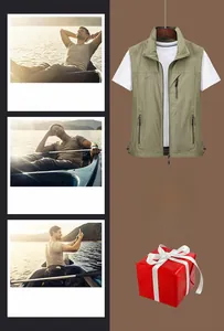Detail of outdoor multi-pocket fishing vest in green with functional zipper design