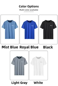 Close-up of crew neck t-shirts showing five color options and fine fabric texture details