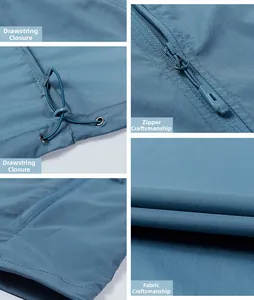 Detail view of adjustable drawstring, smooth zipper, and breathable fabric texture on grey-blue sun protection jacket