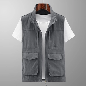 Men's outdoor utility vest with stand collar and four large pockets in medium grey