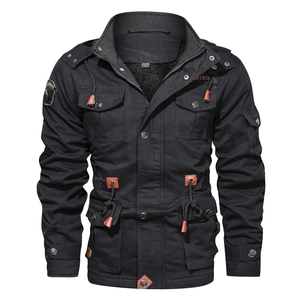 Men's black cargo jacket with detachable hood and fleece lining in mid-length style
