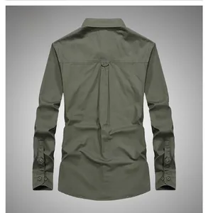 Detail view of the back of an olive green cotton utility shirt showing pleated yoke