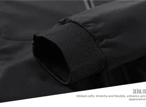 Close-up of ribbed cuffs on a black bomber jacket showing premium knit texture