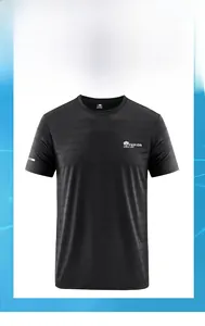 Detail of black breathable sports T-shirt with white FASHION SINCE 1961 logo print