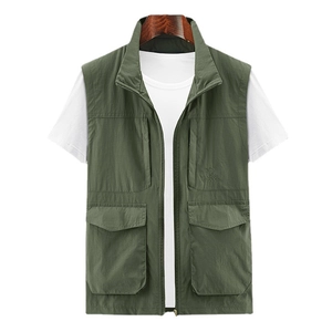 Deep green outdoor utility vest with high collar, multiple functional pockets and front zipper