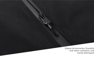 Detail of waterproof zipper on black casual jacket with matte puller and textured fabric