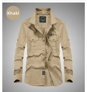 Detail of khaki cotton shirt with double chest pockets and OFF-ROAD print design