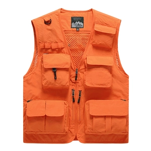 Outdoor multi-pocket functional fishing vest in bright orange with mesh lining
