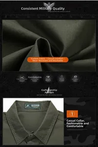 Detail of army green cotton shirt collar featuring outdoor labels and durable twill fabric
