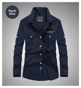 Detail of blue long-sleeved work shirt with dual chest pockets and OFF-ROAD embroidery
