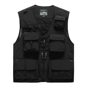 Outdoor black multi-pocket vest for fishing and photography with mesh lining