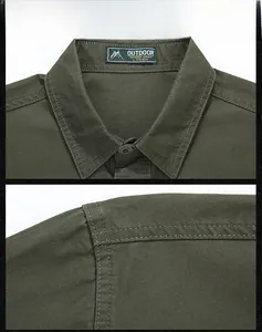 Close-up of military green cotton shirt featuring durable twill fabric and reinforced stitching