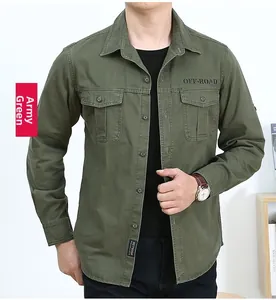 Close-up of army green cotton work shirt with OFF-ROAD pocket detail and chest buttons