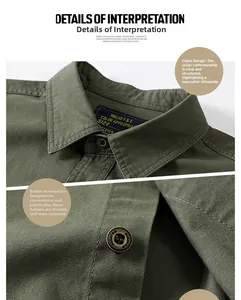 Close-up of military green cotton cargo shirt collar with retro fashion buttons