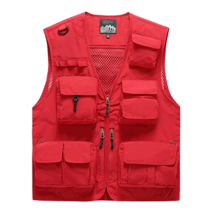 Outdoor multi-pocket fishing vest in vibrant red with breathable mesh lining and D-rings