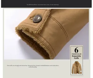 Detail view of winter jacket sleeve with soft fleece lining and embossed metal button