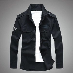 Men's 100% Cotton Long Sleeve Cargo Shirt Casual Military Style Solid Color Button Down Top With Pockets For Spring Autumn