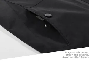 Detail of side pocket on black men's jacket with matte snap button and webbing puller