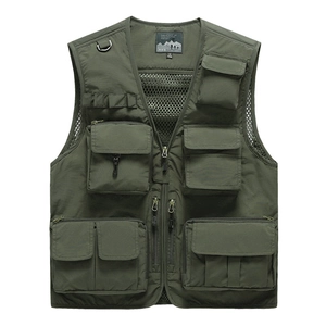 Army green multi-pocket outdoor fishing vest with mesh lining and utility pockets