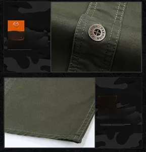 Detailed view of fashion buttons and hem on army green cotton twill casual shirt for men