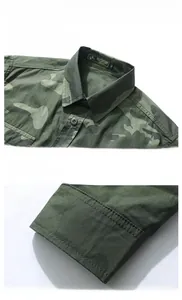 Détails du col de la chemise camouflage et de la texture robuste du tissu en sergé